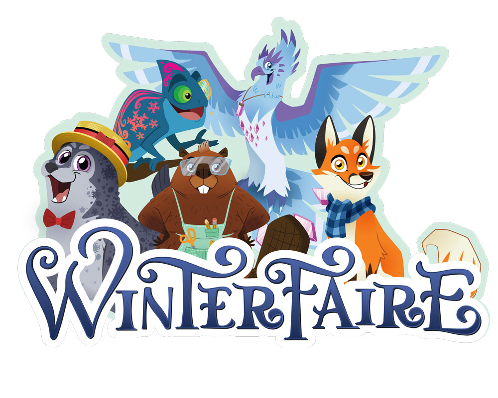 WInterFaire logo with seal, chameleon, beaver, ice phoenix, and fox characters.